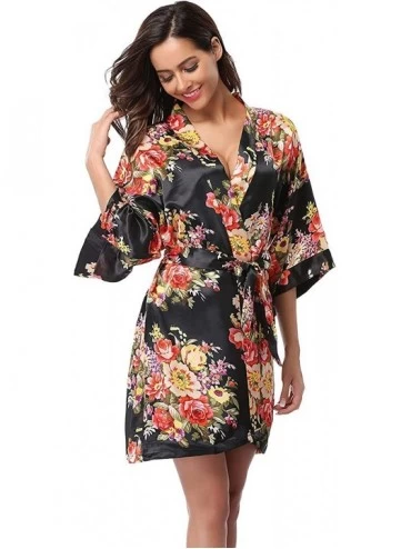 Robes Women Floral Satin Kimono Robe Getting Ready Robe for Wedding Spa Party Birthday Gift - Black - C618ICA2XH9 $13.34