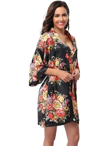 Robes Women Floral Satin Kimono Robe Getting Ready Robe for Wedding Spa Party Birthday Gift - Black - C618ICA2XH9 $13.34