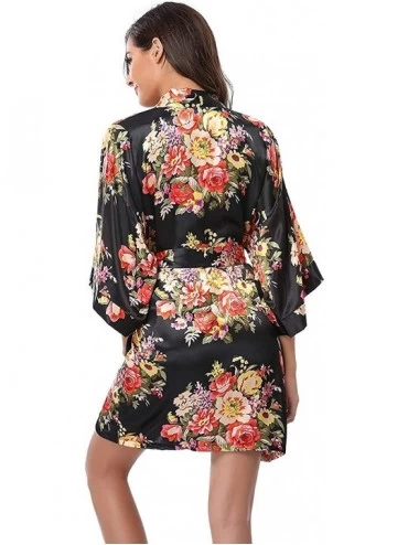 Robes Women Floral Satin Kimono Robe Getting Ready Robe for Wedding Spa Party Birthday Gift - Black - C618ICA2XH9 $13.34