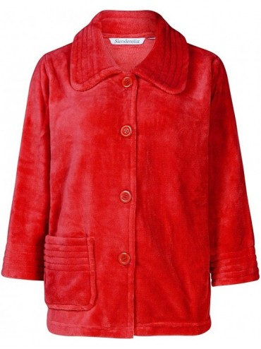 Robes Ladies 3/4 Sleeve Luxury Soft 260GSM Fleece Button Up Bed Jacket - Red - CJ18IQ9SDX9 $32.32