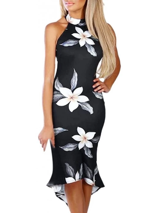 Bottoms Women Off Shouder Blooming Babe Floral Dip Hem Party Evening Bodycon Midi Dress - Black - C318OTRGZZC $21.86