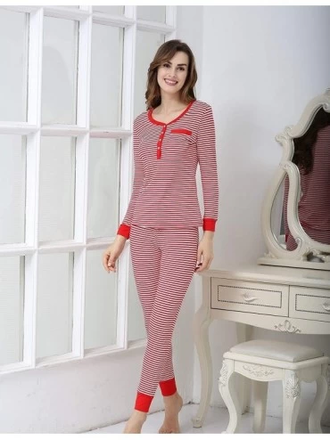 Sets Womens Cotton Pajama Set Christmas Striped Henley Pjs Fitted Pants - Cotton-red - CL18X08A99Q $30.31