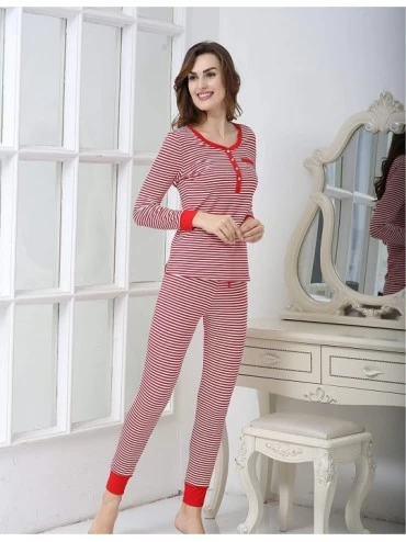 Sets Womens Cotton Pajama Set Christmas Striped Henley Pjs Fitted Pants - Cotton-red - CL18X08A99Q $30.31