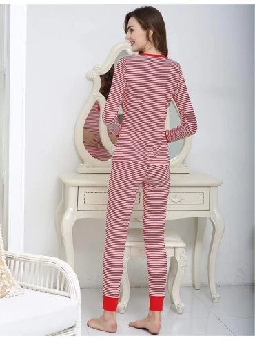 Sets Womens Cotton Pajama Set Christmas Striped Henley Pjs Fitted Pants - Cotton-red - CL18X08A99Q $30.31