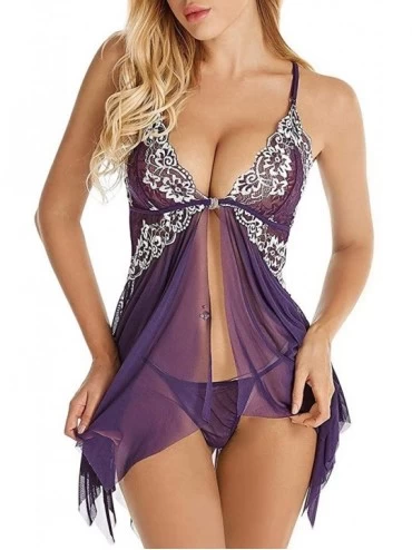 Baby Dolls & Chemises Babydoll Lingerie for Women Honeymoon V Neck Chemise Sexy Exotic Open Front Negligee - Purple - CK197E4...