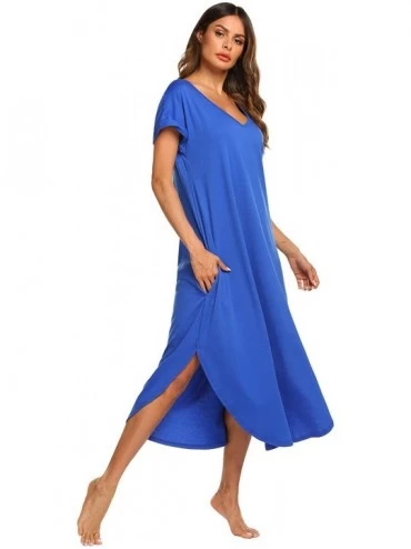 Nightgowns & Sleepshirts Sleepwear Women's Casual V Neck Nightshirt Short Sleeve Long Nightgown - Snorkel Blue - CT18NG80D07 ...