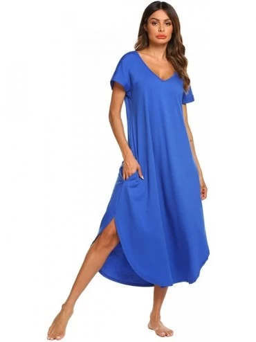 Nightgowns & Sleepshirts Sleepwear Women's Casual V Neck Nightshirt Short Sleeve Long Nightgown - Snorkel Blue - CT18NG80D07 ...