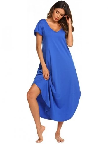 Nightgowns & Sleepshirts Sleepwear Women's Casual V Neck Nightshirt Short Sleeve Long Nightgown - Snorkel Blue - CT18NG80D07 ...