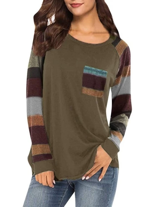 Accessories Women's Striped T-Shirt Casual Stitching Multi-Color Pocket Loose Shirt Sweatshirt Shirt - Brown - C818NN2468L $1...