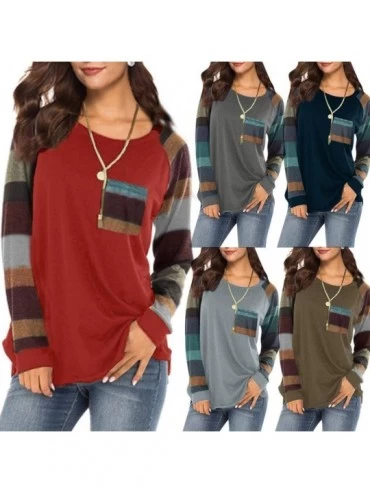 Accessories Women's Striped T-Shirt Casual Stitching Multi-Color Pocket Loose Shirt Sweatshirt Shirt - Brown - C818NN2468L $1...