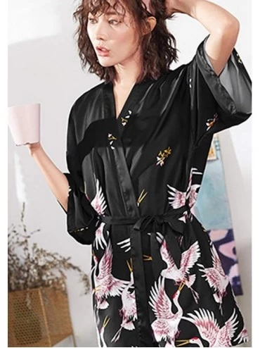 Robes Women's Silky Knee Length Summer Robes Short Sleeve Sexy Loose Fit Nightgown Kimono - Black - C9197ASKYN8 $22.31