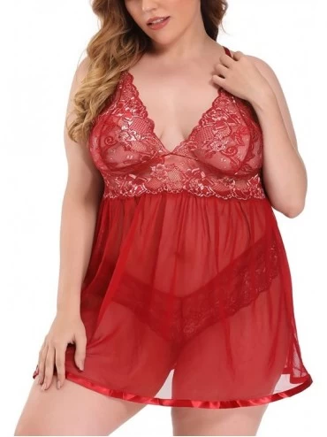 Baby Dolls & Chemises Women Plus Size Lingerie Set Lace Babydoll Sleepwear Nightgown - Merlot - C618THD56LD $10.69