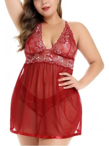 Baby Dolls & Chemises Women Plus Size Lingerie Set Lace Babydoll Sleepwear Nightgown - Merlot - C618THD56LD $10.69