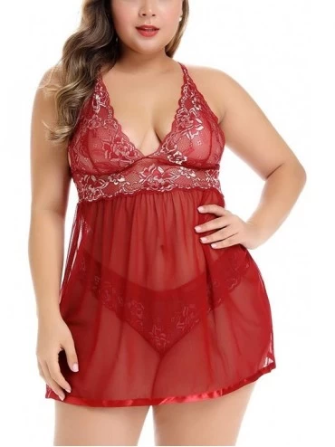 Baby Dolls & Chemises Women Plus Size Lingerie Set Lace Babydoll Sleepwear Nightgown - Merlot - C618THD56LD $10.69