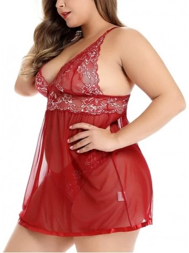 Baby Dolls & Chemises Women Plus Size Lingerie Set Lace Babydoll Sleepwear Nightgown - Merlot - C618THD56LD $10.69