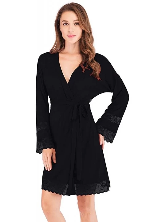 Robes Women's Pajama Long Robe- Sexy Sleepwear Trimmed with lace- Relaxed fit with Outer tie Belt - Black - CU18RUA52X5 $25.78