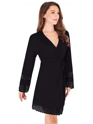 Robes Women's Pajama Long Robe- Sexy Sleepwear Trimmed with lace- Relaxed fit with Outer tie Belt - Black - CU18RUA52X5 $25.78