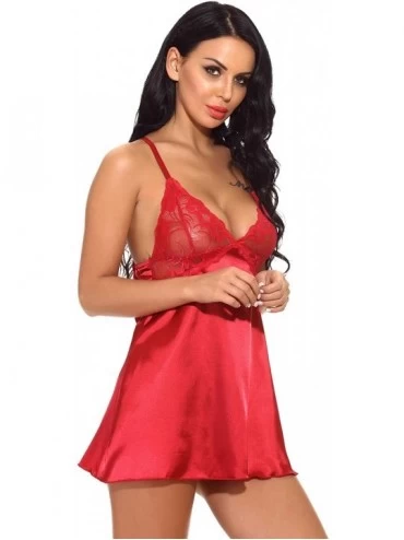 Baby Dolls & Chemises Women Lingerie Lace Satin V Neck Babydoll Nightwear Chemise Sleepwear Mini Teddy - Wine Red - C918YCXTM...