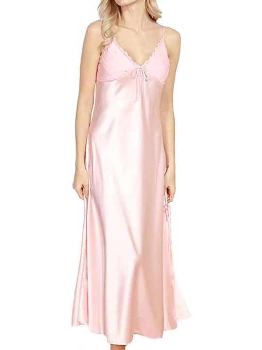 Nightgowns & Sleepshirts Women's Sexy Satin Long Nightgown Lace Slip Lingerie Chemise Robes - Light Pink - CM17YIZYU7C $18.73