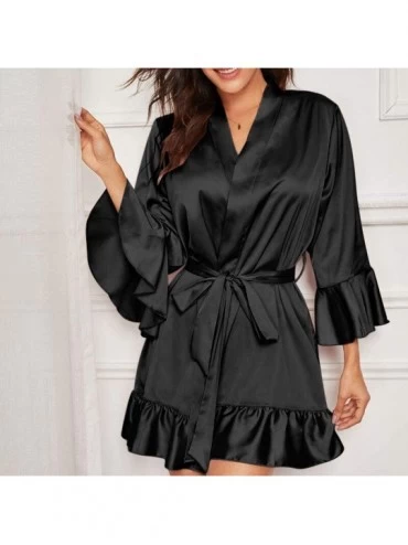 Nightgowns & Sleepshirts Women Sexy Lace Lingerie Long Flare Sleeve Solid Belt Nightwear Underwear Sleepwear Pajamas - Black ...