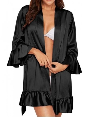 Nightgowns & Sleepshirts Women Sexy Lace Lingerie Long Flare Sleeve Solid Belt Nightwear Underwear Sleepwear Pajamas - Black ...