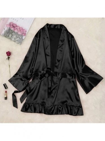 Nightgowns & Sleepshirts Women Sexy Lace Lingerie Long Flare Sleeve Solid Belt Nightwear Underwear Sleepwear Pajamas - Black ...