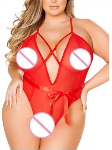 Baby Dolls & Chemises Women's Sexy Lingerie One Piece-Ladies Halter Plus Size Strappy Babydoll Eyelash Lace Bodysuit Sleepwea...