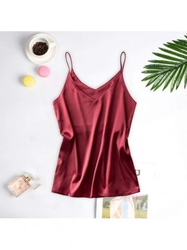 Baby Dolls & Chemises Womens Satin Pajamas Sexy Fashion V-Neck Silk Cami Crop Top Underwear - Wine - C1198E3AODI $12.18