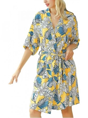 Robes Women's Cotton Kimono Robe Short Loungewear Lightweight Palm Dotted Palm Bathrobe - Yellow - CI18L8EIYEO $29.49