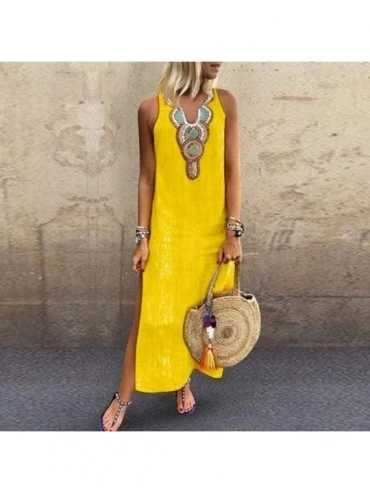 Tops Summer Dresses for Women Cold Shoulder Maxi Dress Printed Sleeveless V Neck Split Hem Baggy Kaftan Long Dress Yellow - C...