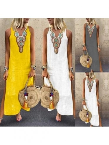 Tops Summer Dresses for Women Cold Shoulder Maxi Dress Printed Sleeveless V Neck Split Hem Baggy Kaftan Long Dress Yellow - C...