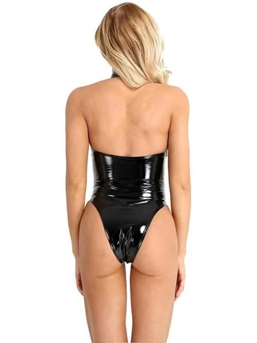 Baby Dolls & Chemises Women Leather Look Sexy Bodysuit Zipper Sleeveless Lingerie Cool Babydoll - C-black - CB197MGO7G9 $10.45