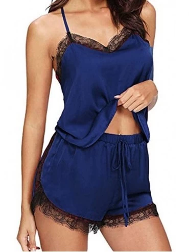 Sets Women Sexy Pajama Sets Lingerie Nightwear Lace Trim Cami and Shorts Two Piece Sleepwear - F-blue - CK19DWOA3E9 $11.78