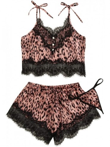 Sets Women's Lace Trim Bralette Shorts Pajama Set Lingerie Nightwear - Leopard_pink - C618R92C57U $15.18