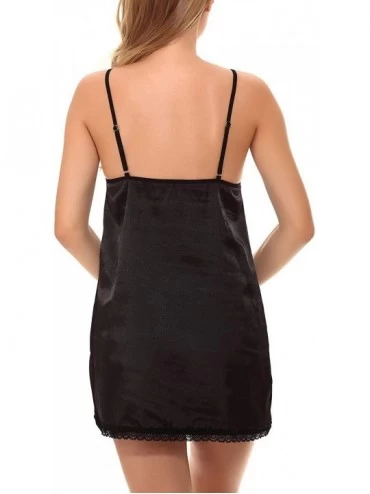 Sets Women's Satin Sleepwear Dress Set Silk Lace Short G-String Cami Chemise Nightgown - Black - CX18N72736W $28.10