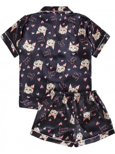 Sets Women's Short Sleeve Sleepwear Button Down Satin 2 Piece Pajama Set - Cat Black - C518U79TRAZ $28.66