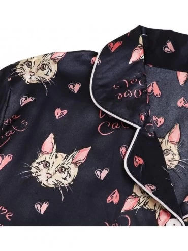 Sets Women's Short Sleeve Sleepwear Button Down Satin 2 Piece Pajama Set - Cat Black - C518U79TRAZ $28.66