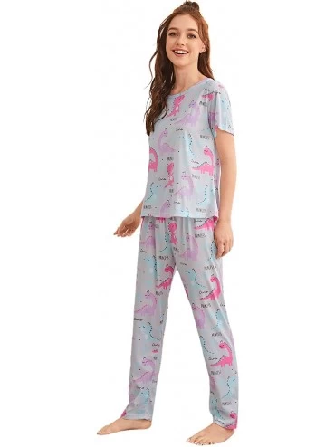 Sets Women's Cute Printed Pajama Set Short Sleeve Top and Pants with Eye Mask - Grey - CV196SCAY2N $17.61