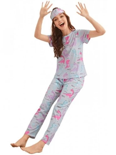 Sets Women's Cute Printed Pajama Set Short Sleeve Top and Pants with Eye Mask - Grey - CV196SCAY2N $17.61