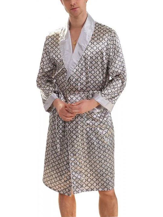 Robes Men's Summer Luxurious Kimono Soft Satin Robe Long-Sleeve Nightgown Printed Pajamas Bathrobes - Silver Gray - CH18ERIDL...