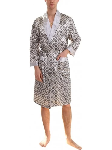 Robes Men's Summer Luxurious Kimono Soft Satin Robe Long-Sleeve Nightgown Printed Pajamas Bathrobes - Silver Gray - CH18ERIDL...