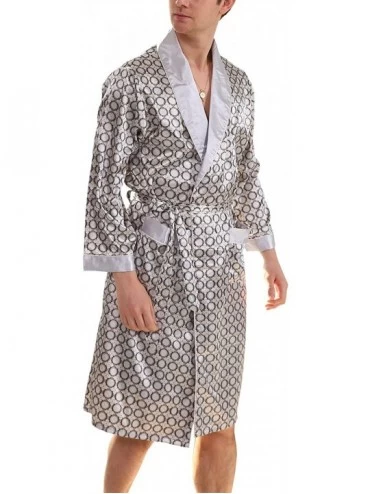 Robes Men's Summer Luxurious Kimono Soft Satin Robe Long-Sleeve Nightgown Printed Pajamas Bathrobes - Silver Gray - CH18ERIDL...