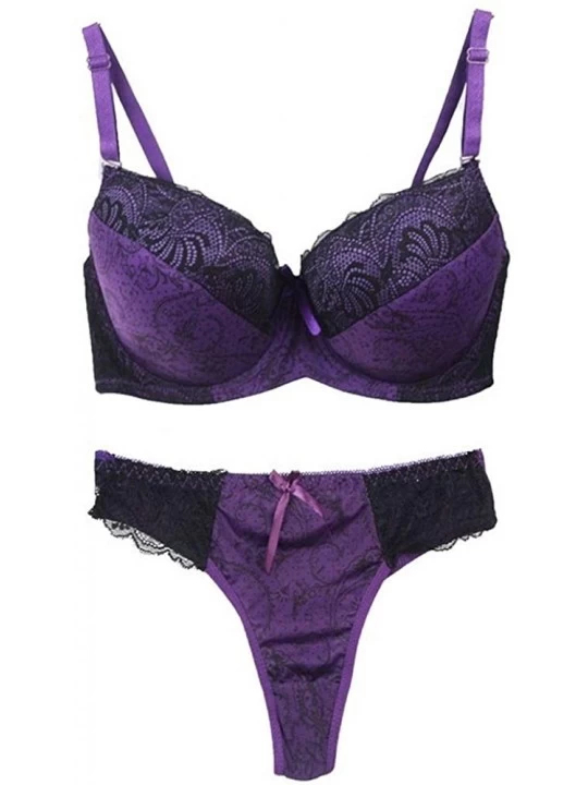 Bras Women's Comfortable Push Up Embroidery Lace Bra and Panty Set Plus Size - Purple - C7193XT0NRU $14.63