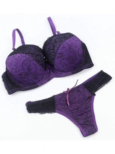 Bras Women's Comfortable Push Up Embroidery Lace Bra and Panty Set Plus Size - Purple - C7193XT0NRU $14.63