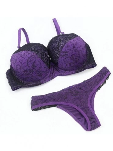 Bras Women's Comfortable Push Up Embroidery Lace Bra and Panty Set Plus Size - Purple - C7193XT0NRU $14.63