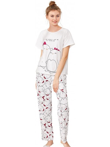 Sets Women's Cartoon Print Top and Polka Dots Pants Pajama Set - White - CG18CO7TNCI $28.01