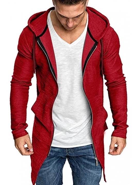 Thermal Underwear Men's Splicing Hooded Solid Trench Cardigan Slim Fit Zip Outwear Coat Jacket - A-red - CX18A72IED5 $28.29