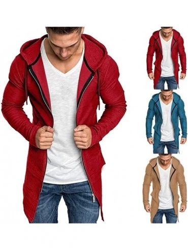 Thermal Underwear Men's Splicing Hooded Solid Trench Cardigan Slim Fit Zip Outwear Coat Jacket - A-red - CX18A72IED5 $28.29