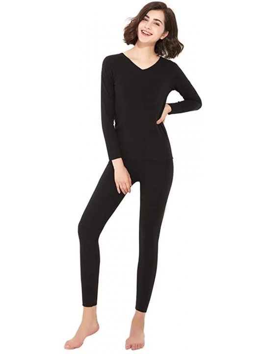 Thermal Underwear Thermal Underwear Women Long - Scoop Neck Ultra - Thin Set Top & Bottom - Vbk - CT193HID3QR $25.34