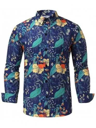 Thermal Underwear Men's Floral Dress Shirt Long Sleeve 70s Printed Casual Button Down Paisley Top - Navy - C718A485OK8 $26.14